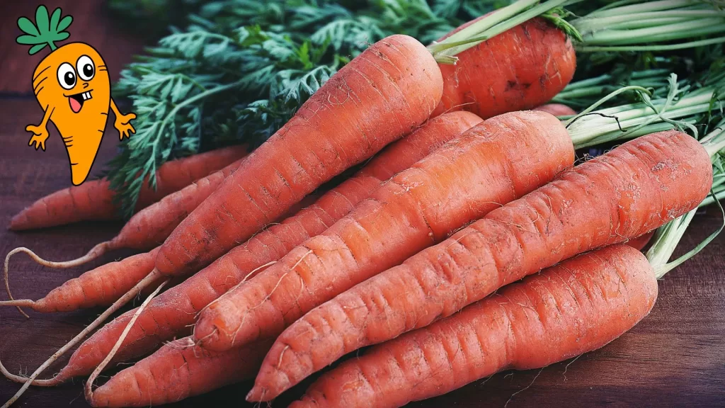 Carrot Health Benefits for Diabetes: Fresh carrots on a wooden surface, highlighting their health benefits for diabetes, including a low glycemic index, high fiber content, and rich antioxidant properties for blood sugar management.