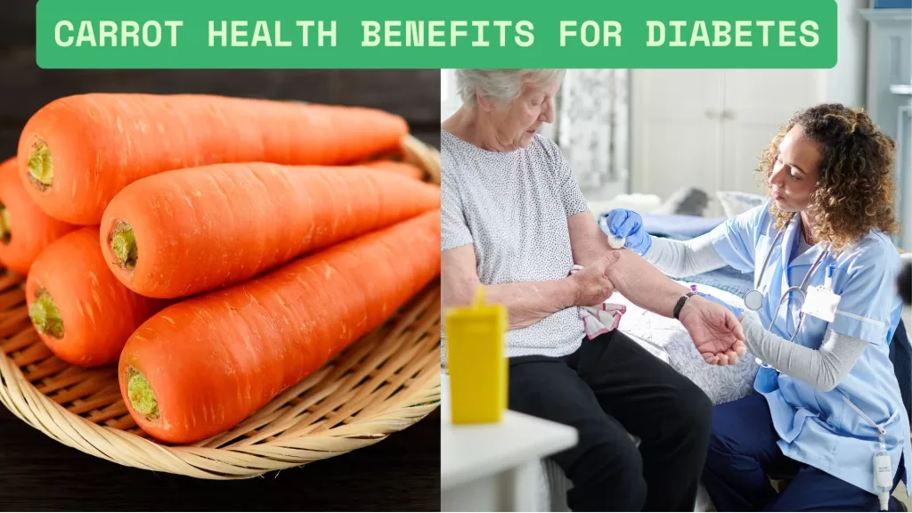 Fresh carrots on a wooden surface, highlighting their health benefits for diabetes, including a low glycemic index, high fiber content, and rich antioxidant properties for blood sugar management.