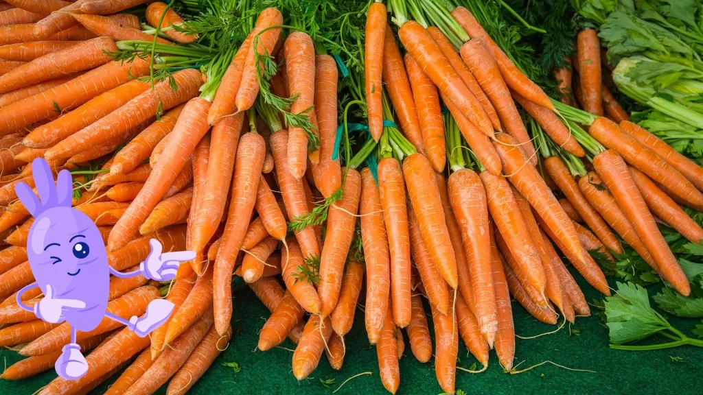 Carrot Health Benefits for Diabetes: Fresh carrots on a wooden surface, highlighting their health benefits for diabetes, including a low glycemic index, high fiber content, and rich antioxidant properties for blood sugar management.