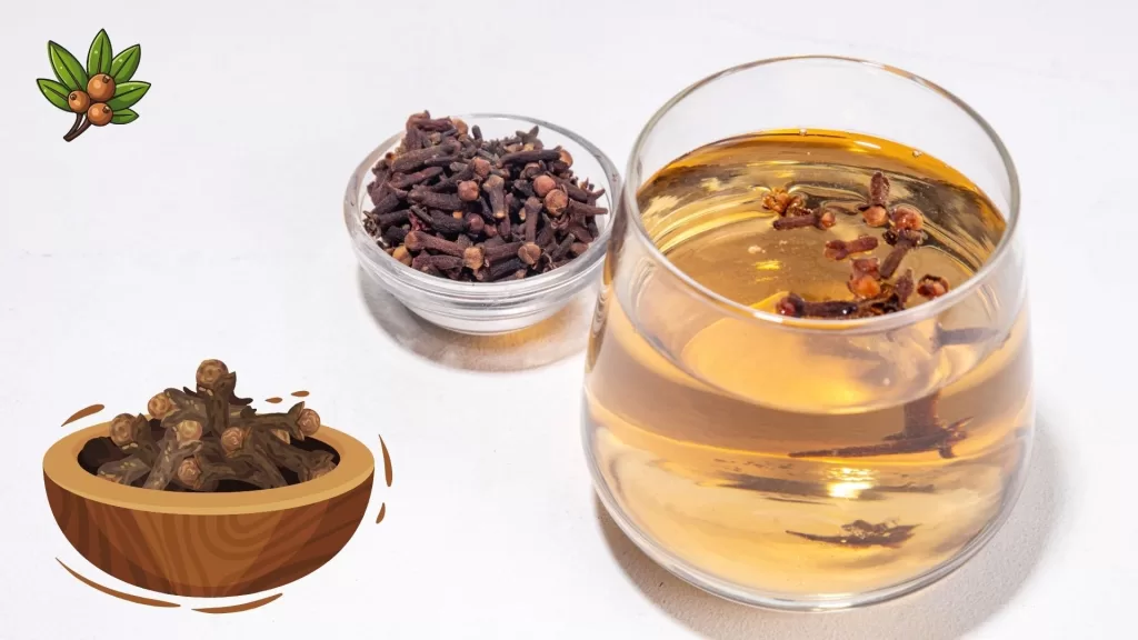 A glass of warm clove water on a wooden table, surrounded by whole cloves, symbolizes its morning weight loss benefits, like boosted metabolism, reduced bloating, and improved digestion.
