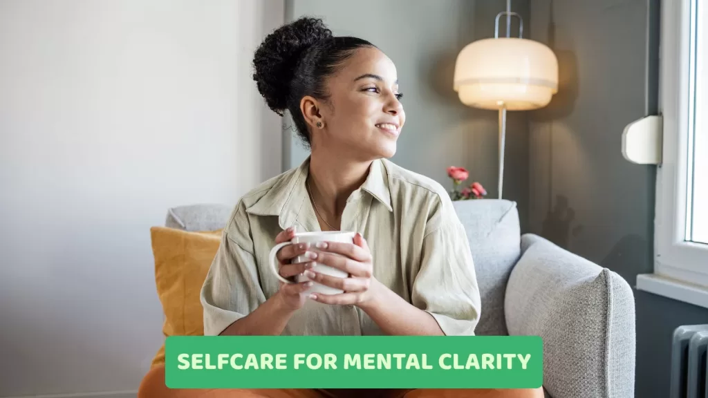 A peaceful woman practicing self-care for mental clarity, sitting cross-legged with eyes closed, surrounded by calming nature and soft sunlight, symbolizing balance, relaxation, and mental well-being.