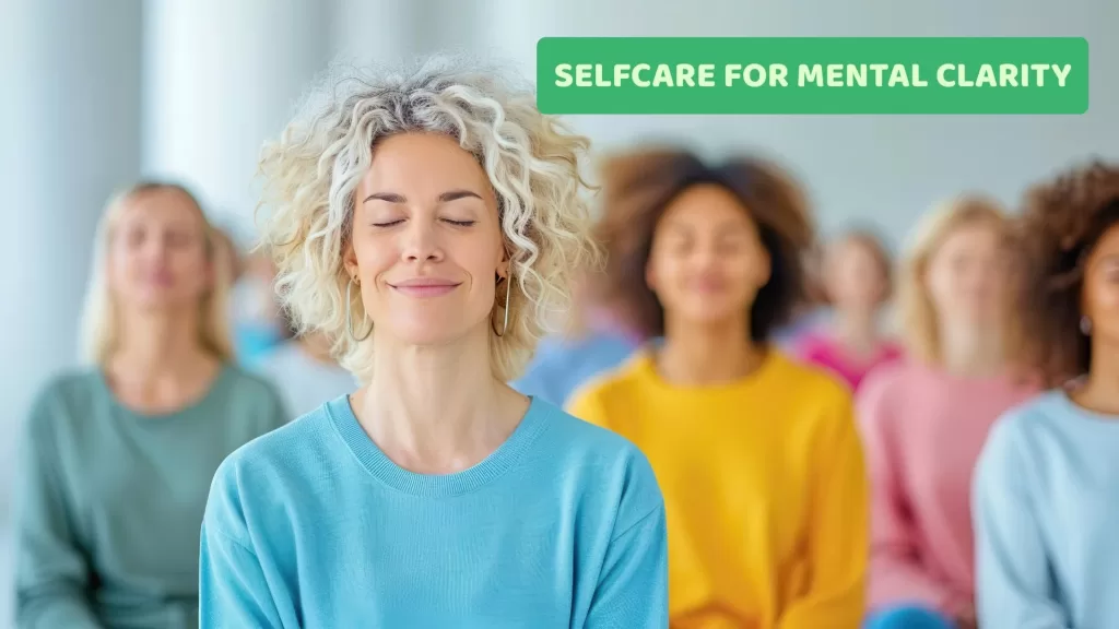 A peaceful woman practicing self-care for mental clarity, sitting cross-legged with eyes closed, surrounded by calming nature and soft sunlight, symbolizing balance, relaxation, and mental well-being.